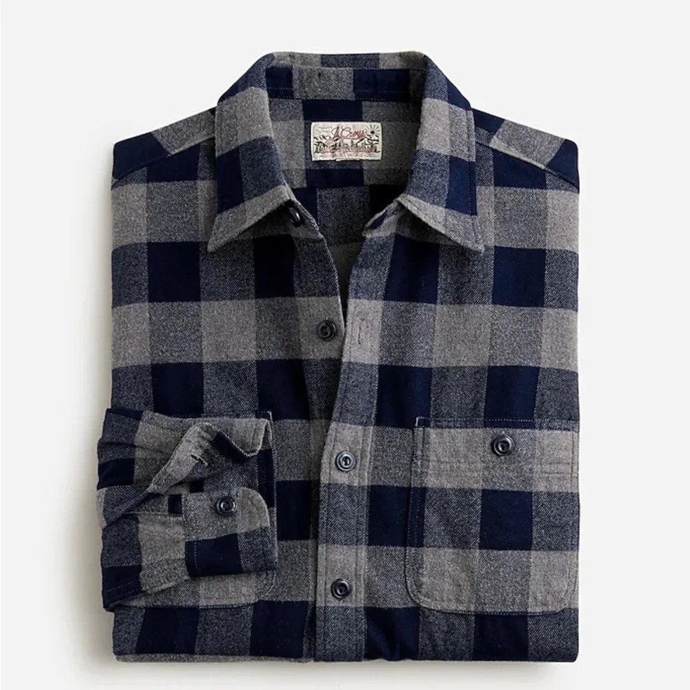 J. Crew Men's - Midweight Buffalo Check Flannel Workshirt - Gray, Navy, Slim Fit